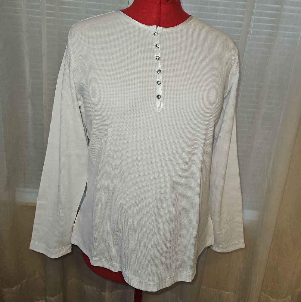 Quacker Factory White Henley Waffle Long Sleeve Top